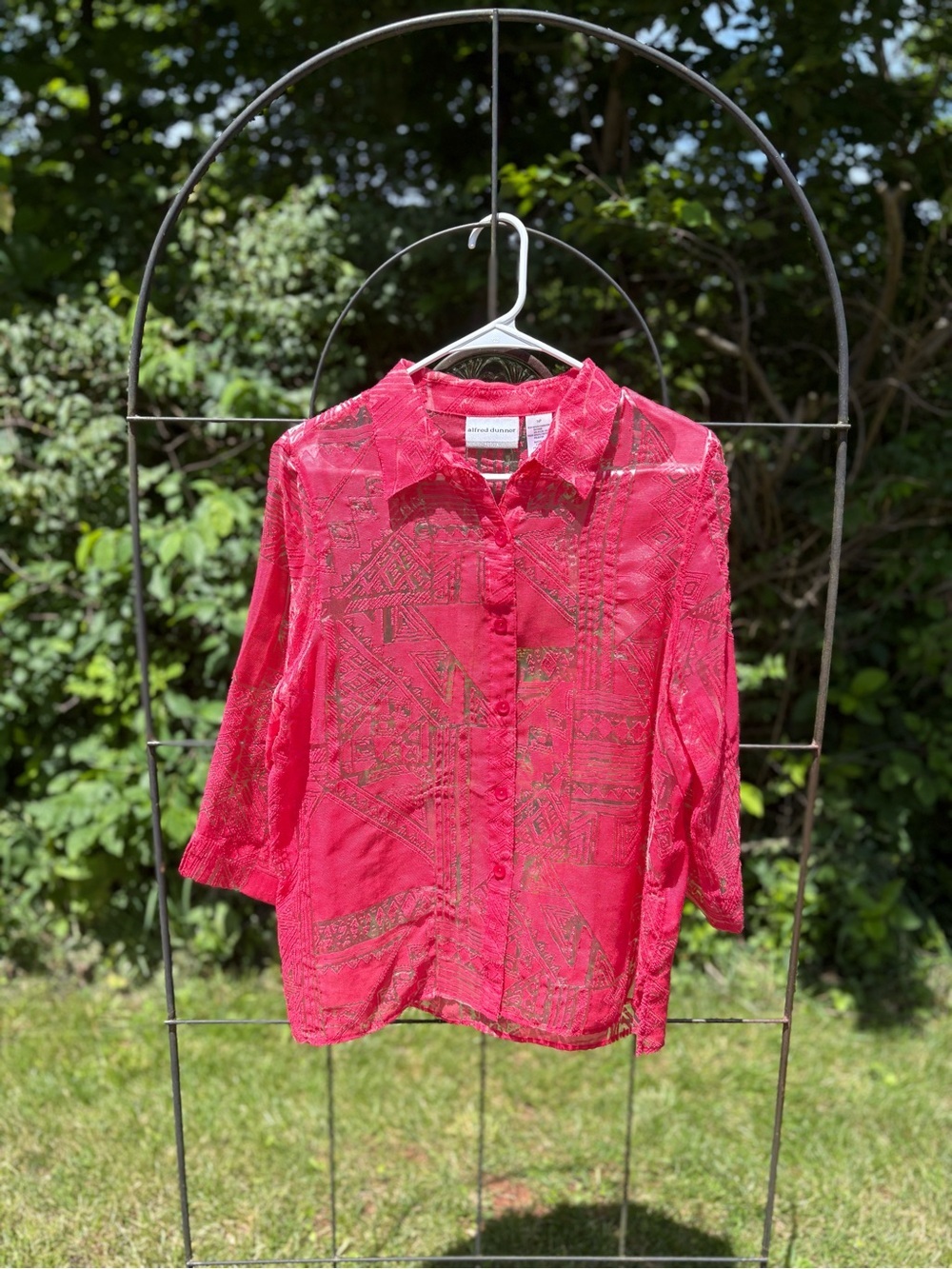 Alfred Dunner Pink Red Sheer Button-Down Shirt 3/4 Sleeve Blouse Geometric Light